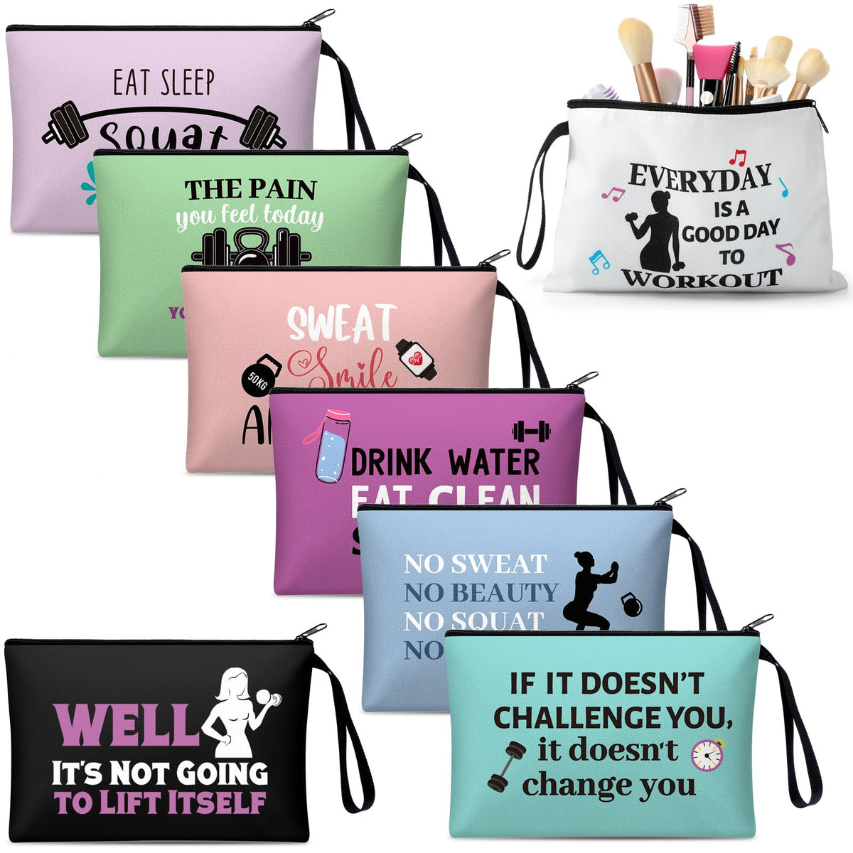 SilTriangle 8-piece workout makeup bags collection for gym enthusiasts; easy on-the-go organization.