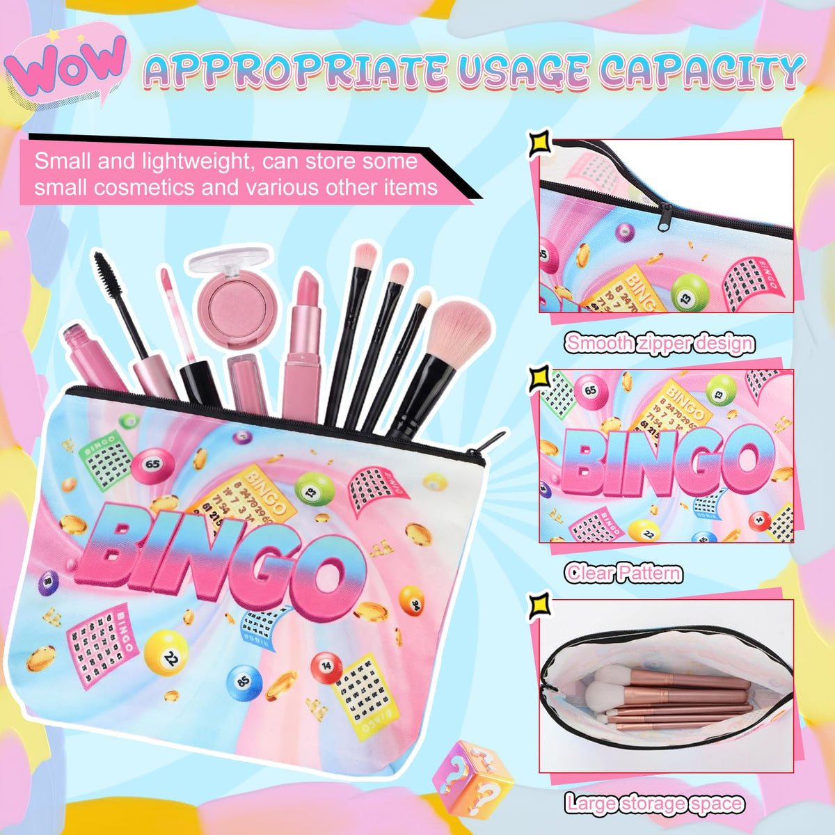 Bingo makeup bag size 23 x 17 x 4 cm shown for daily use