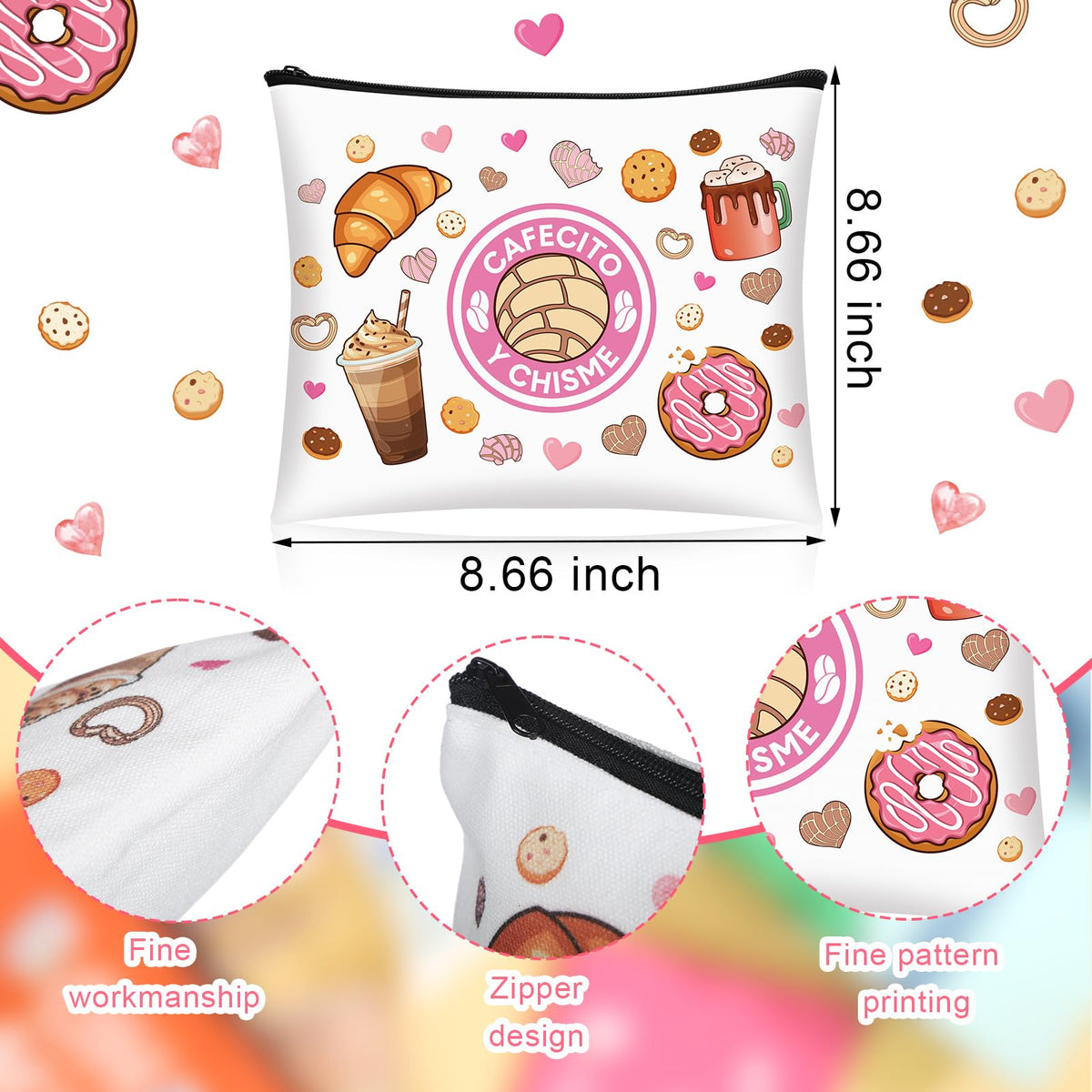 Back view of Cafecito Y Chisme tote complements outfit with playful motif.