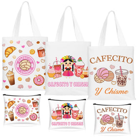 SilTriangle Cafecito Y Chisme tote bag front view, bold multicolor design for daily use.