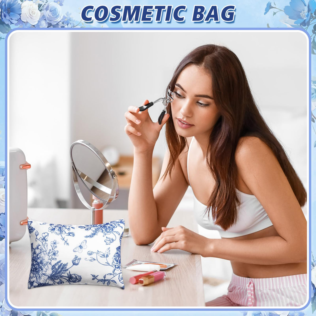 SilTriangle floral blue makeup pouch ready for travel and packing