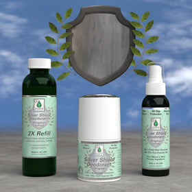 Silver Shield essential oil blend close-up in clear bottle.