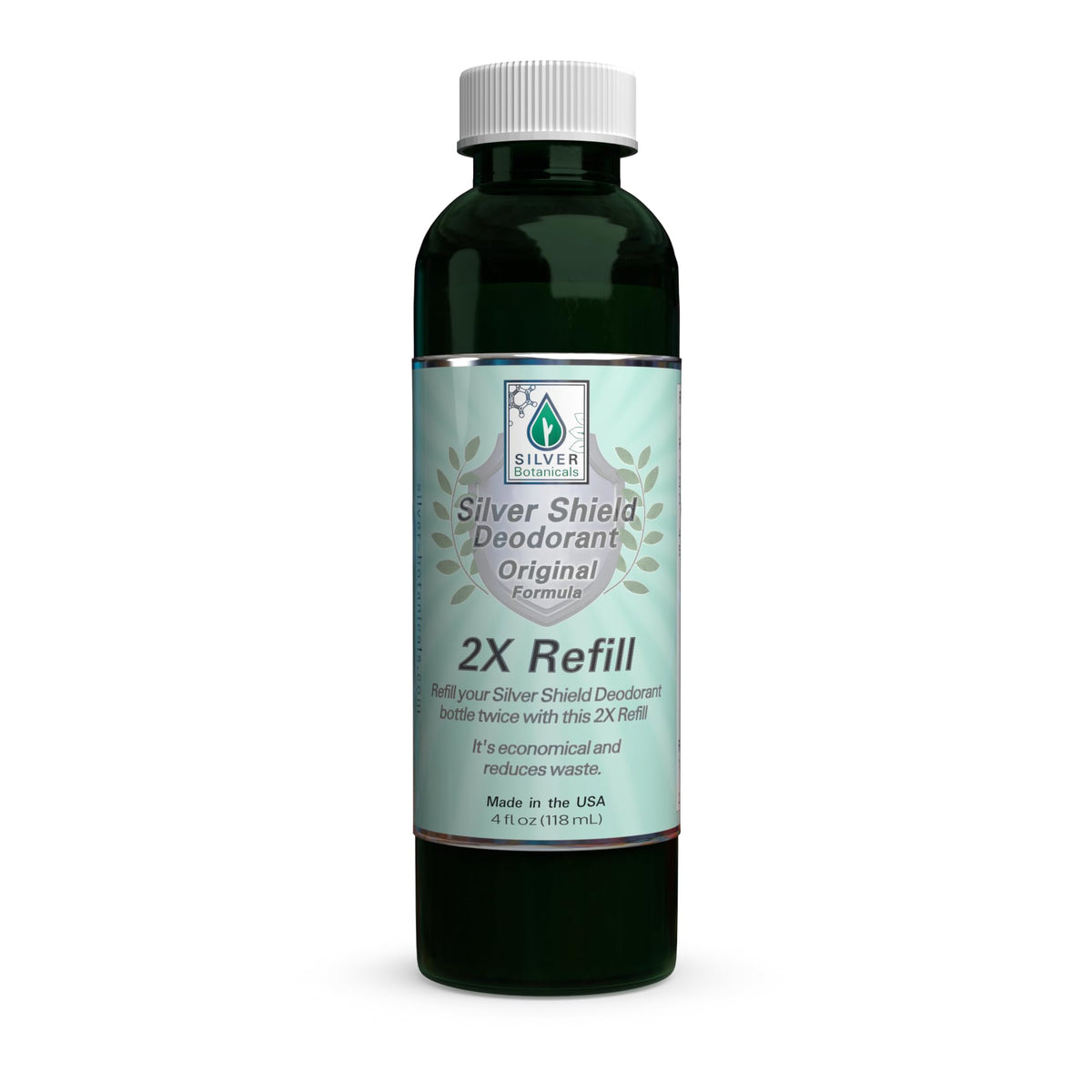 Silver Shield refill bottle close-up, highlighting eco-friendly packaging.