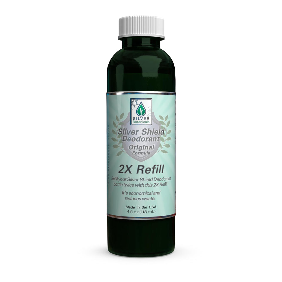 Silver Shield refill bottle close-up, highlighting eco-friendly packaging.