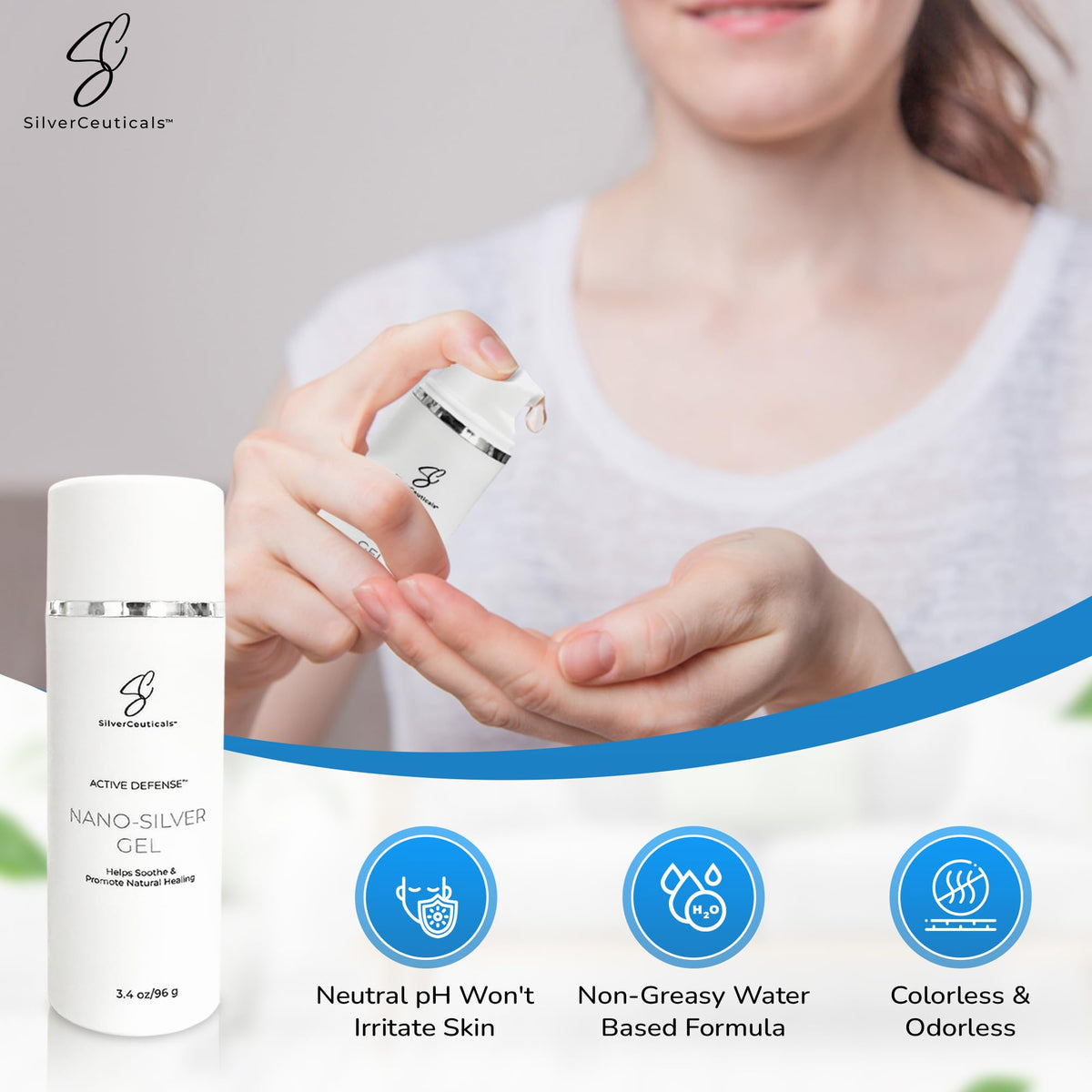 Airless pump packaging of SilverCeuticals gel emphasizes purity and reduced contamination.