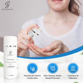 Airless pump packaging of SilverCeuticals gel emphasizes purity and reduced contamination.