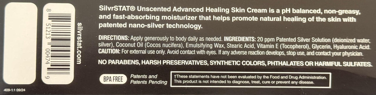SilvrSTAT Advanced Healing Cream unscented formula suitable for sensitive skin.