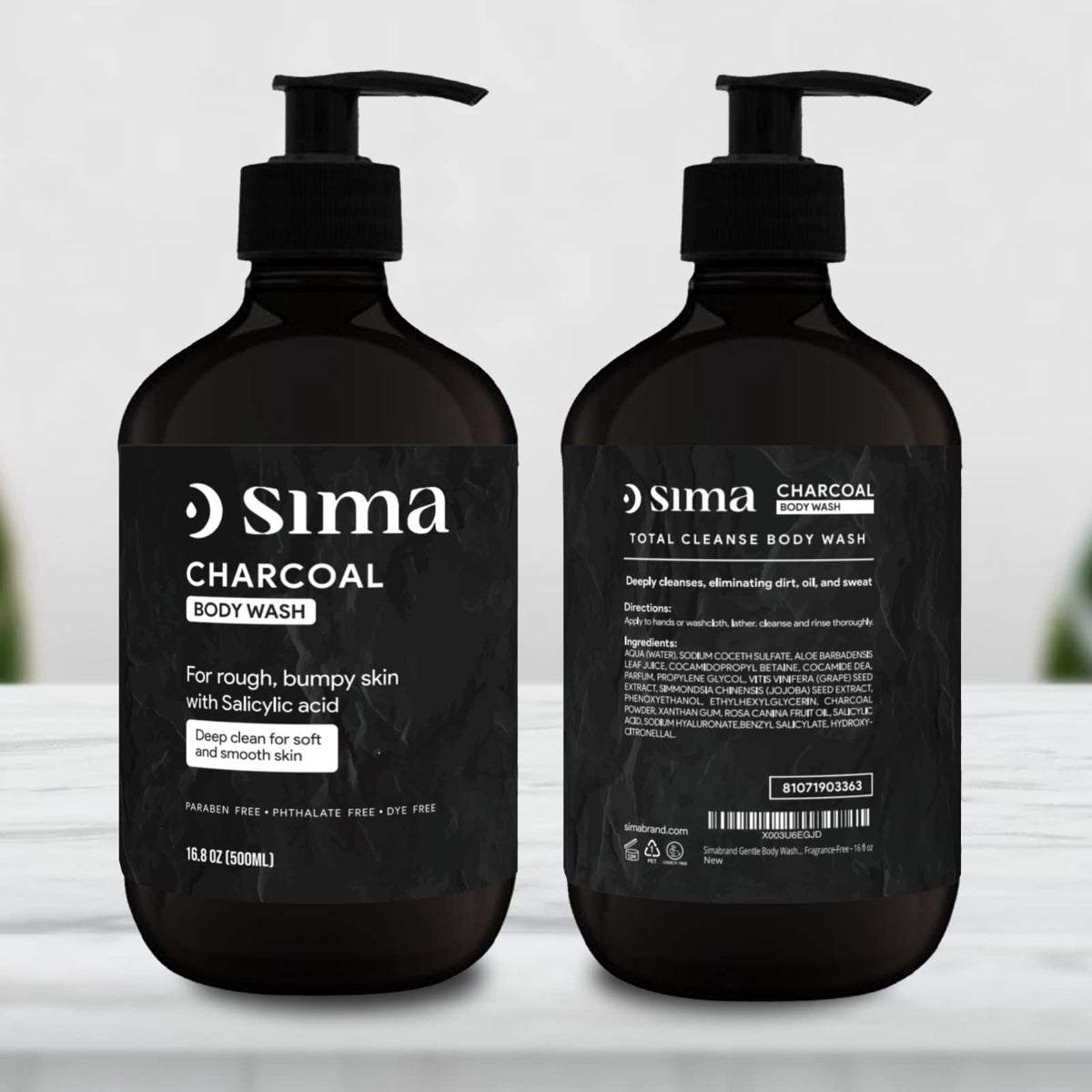Activated charcoal particles visible in Sima Charcoal Gentle Body Wash.