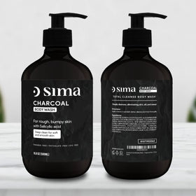 Activated charcoal particles visible in Sima Charcoal Gentle Body Wash.