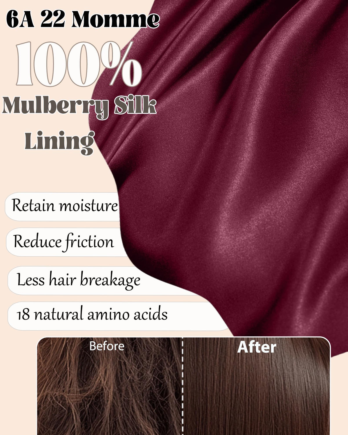 Simapu 22-momme Mulberry silk interior reduces friction for smoother hair.