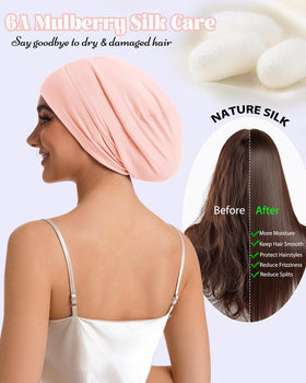Simapu bonnet in night-use scene for tangle-free, protected hair during sleep.