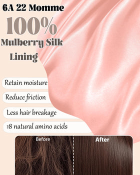 Simapu silk bonnet lining detail highlighting 22 momme silk that minimizes friction.
