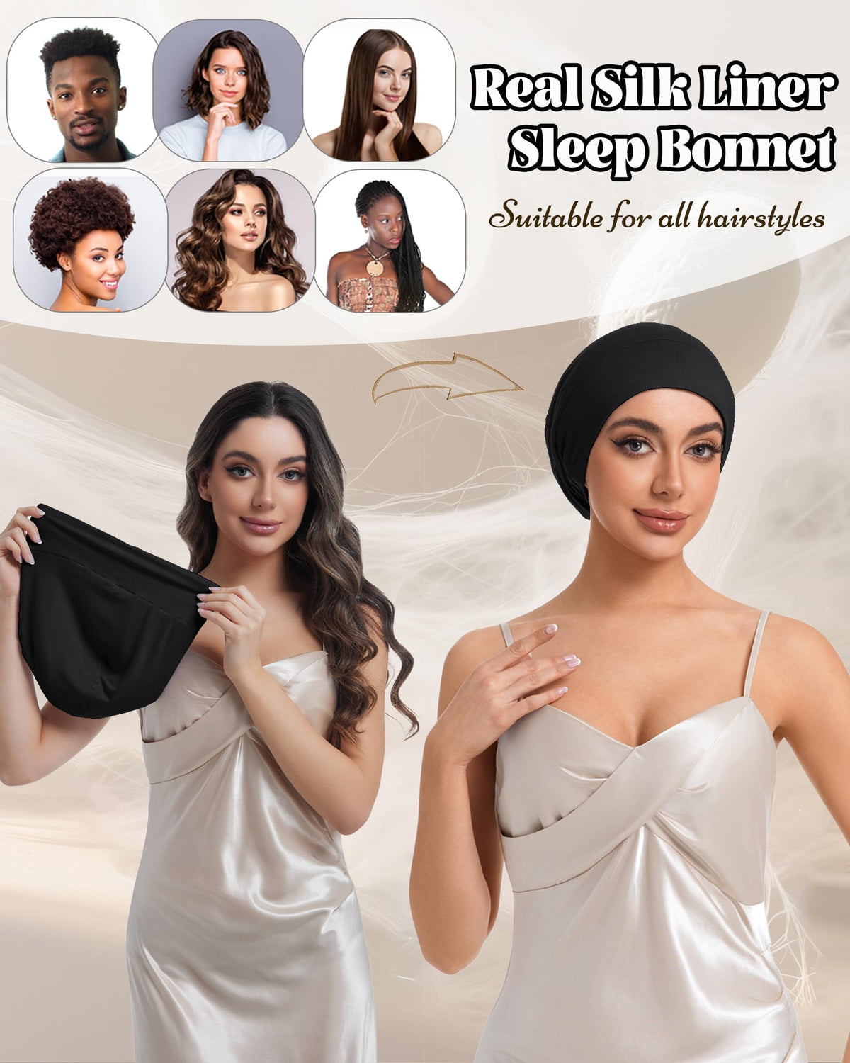Simapu silk bonnet ready for nightly use during spa, sleep, or travel.