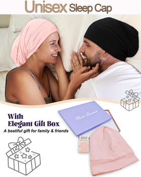 Simapu bonnet worn on head demonstrates non-slip wear for overnight routines.