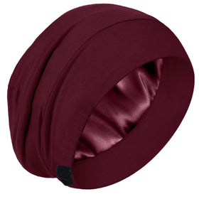 Simapu silk-lined sleep cap in wine red provides gentle protection during sleep.
