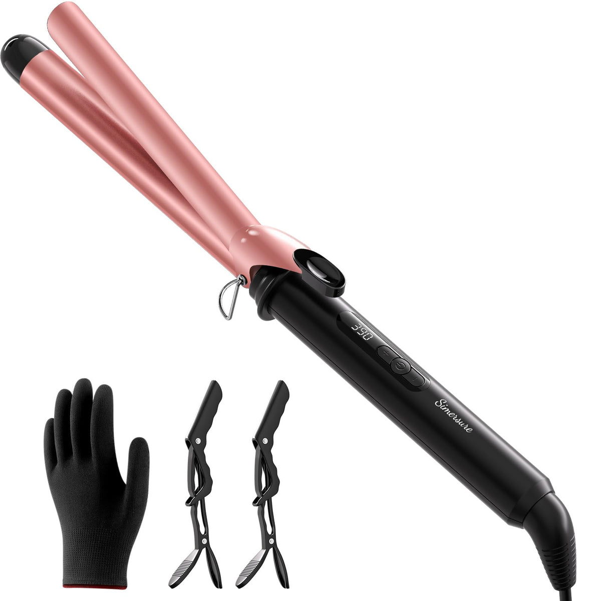 SimerSure dual voltage curling iron with 1-inch barrel showing fast heat for quick curls.