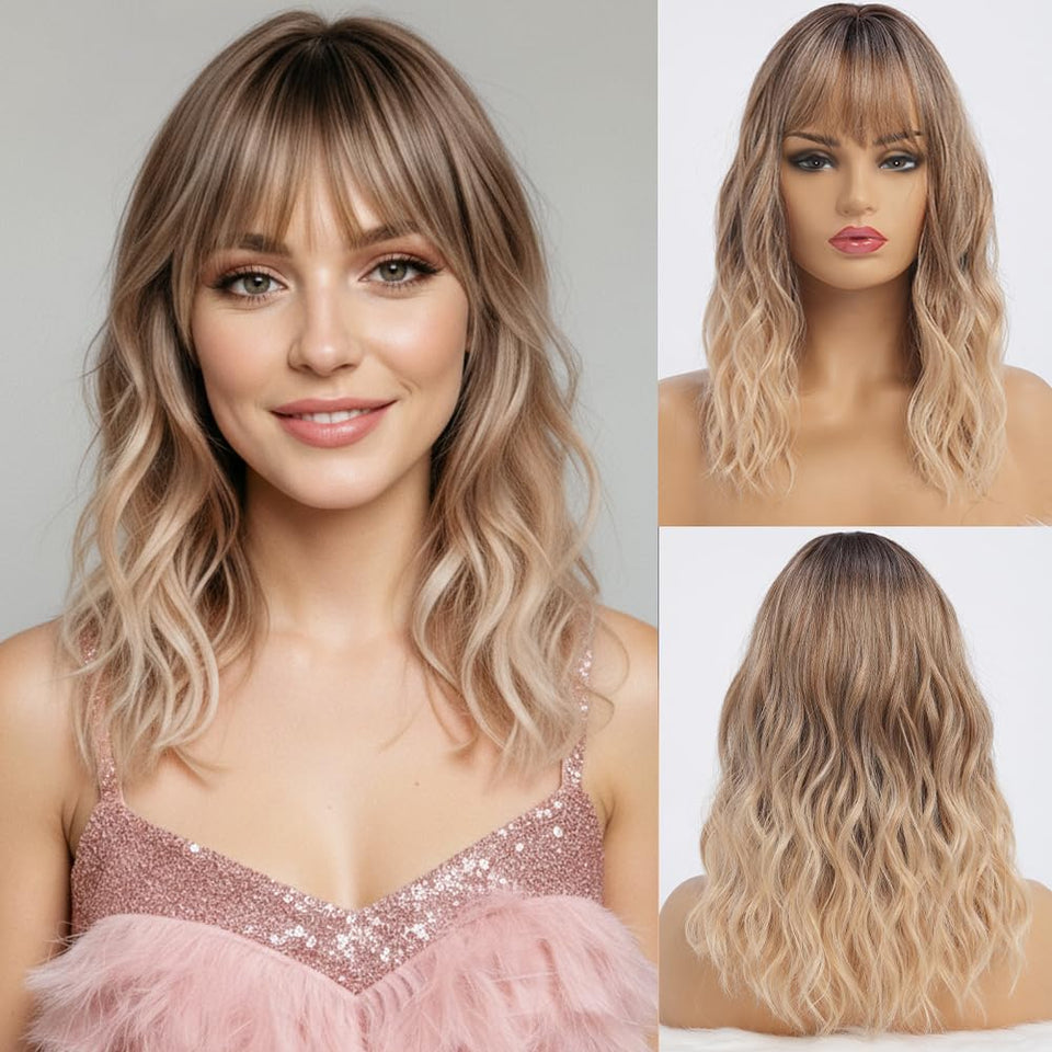 Simkaylee wavy long ombre blonde wig with bangs for daily wear and events