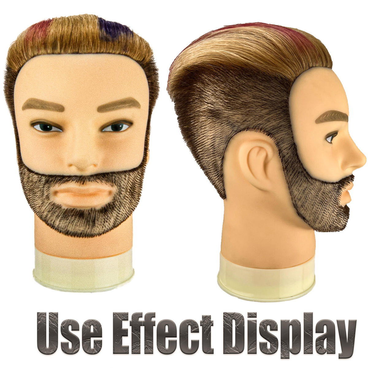 Simnient male mannequin head with 12-inch hair, ideal for styling and dyeing experiments.