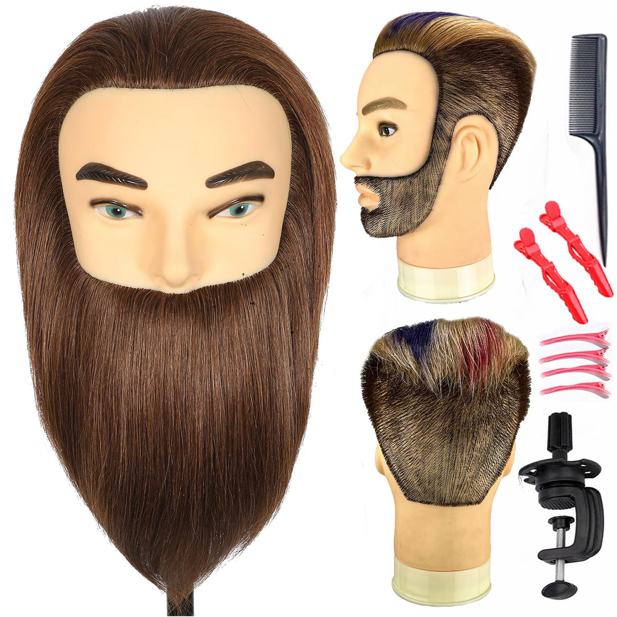 Simnient real-hair male mannequin head, top view for precise haircut practice.