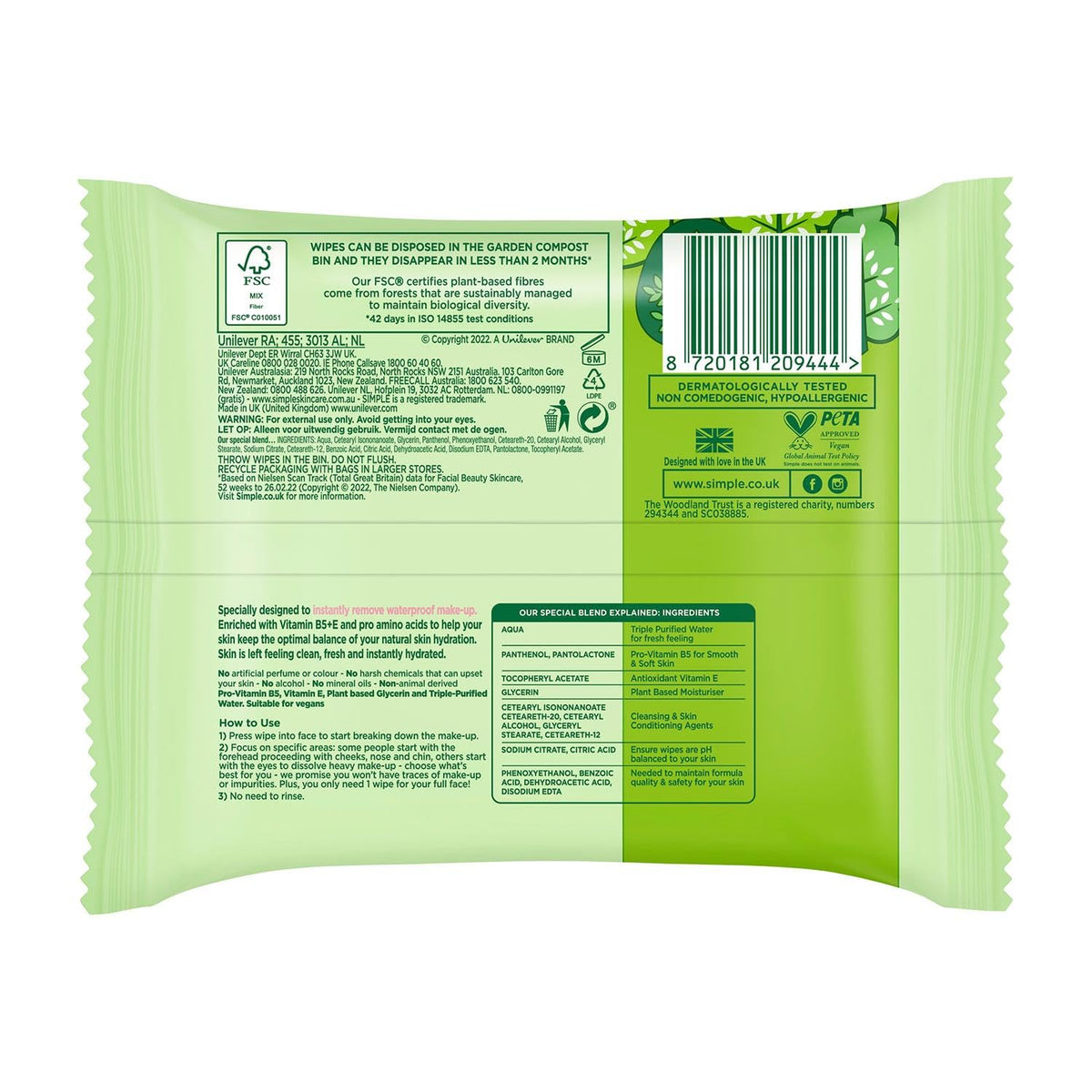 Simple Kind to Skin wipes feature glycerin and vitamin E for mild cleansing