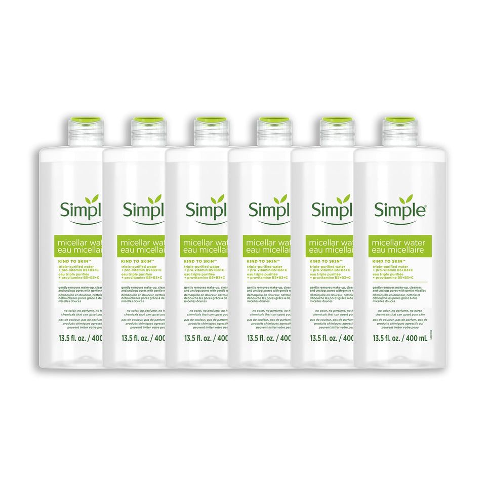 Simple Kind To Skin Micellar Water bottle with pump for easy makeup removal.