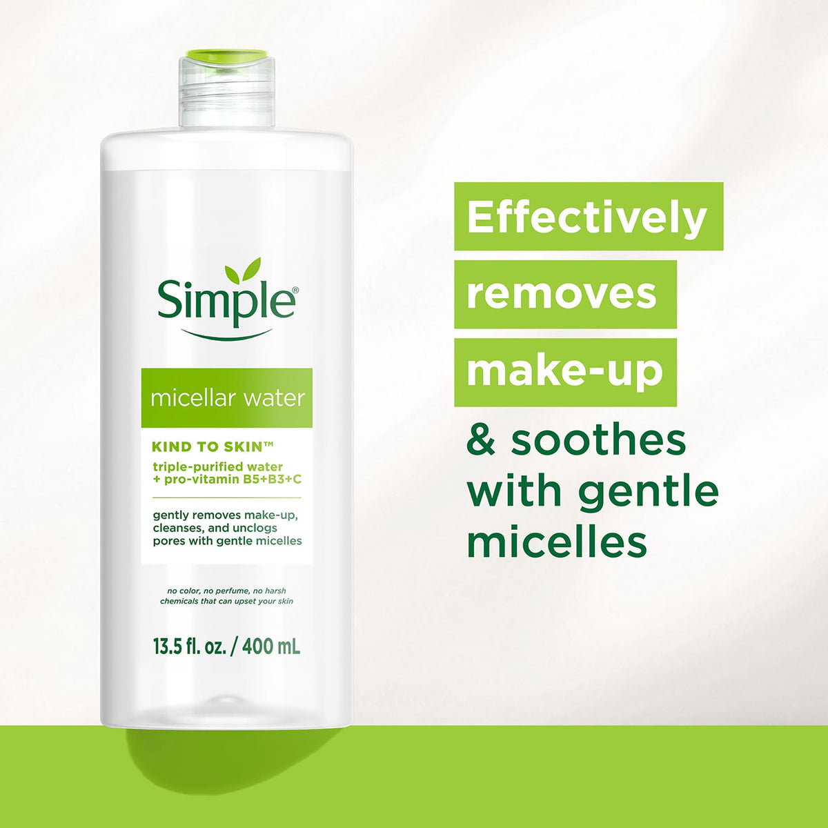 Closeup of Simple Micellar Water label highlighting fragrance-free formula.