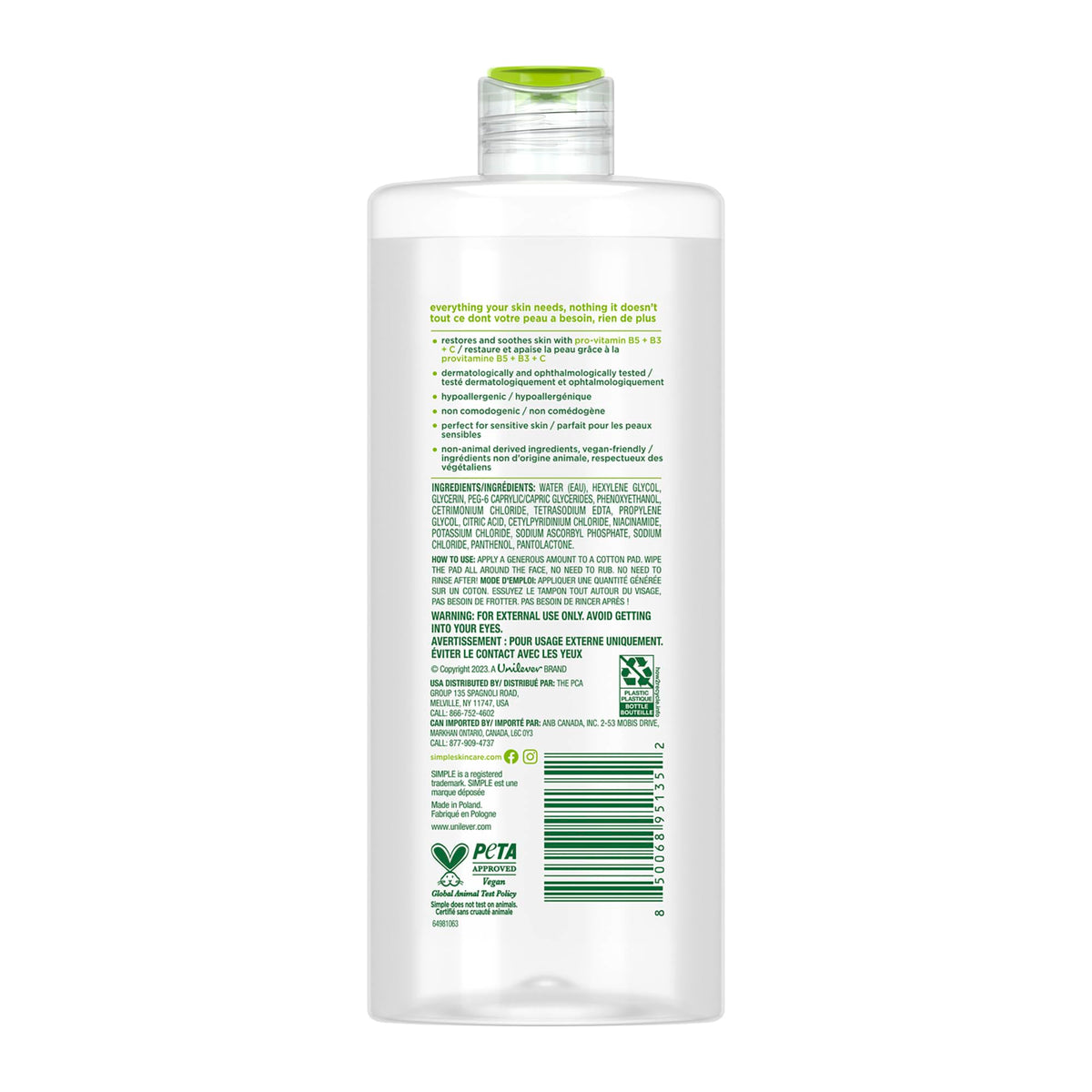 Vegan-friendly icon on Simple Micellar Water packaging.