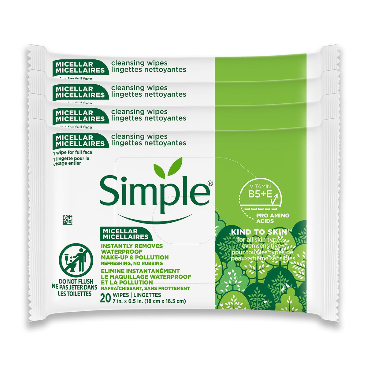 Simple Kind To Skin micellar wipes pack closeup for gentle cleansing and hydration.