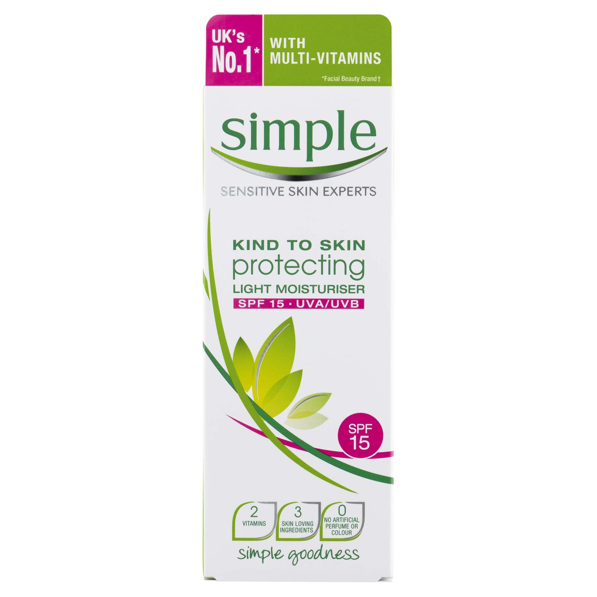 Simple Kind to Skin Protecting Light Moisturiser SPF 15 bottle provides daily hydration and light protection.