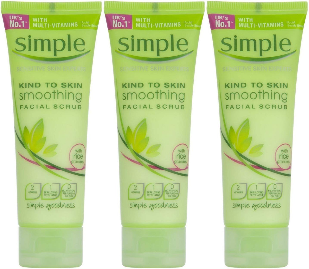 Simple Kind to Skin smoothing facial scrub tube highlighting gentle exfoliation for brighter, even skin