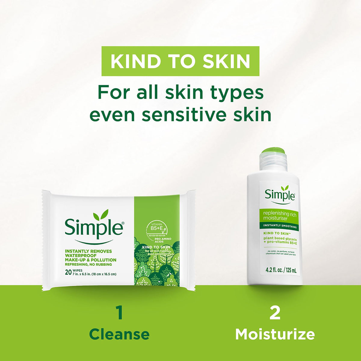 Simple Kind To Skin vegan wipes shown, plant-based ingredients suitable for cruelty-free routines.