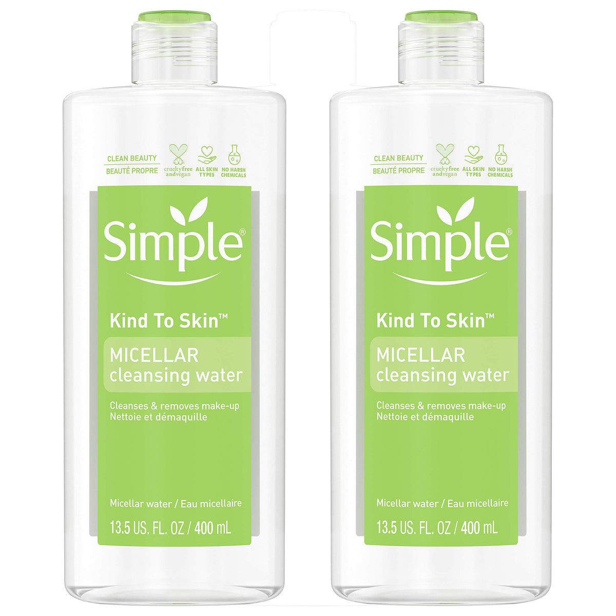 Simple Micellar Cleansing Water bottle close-up showing a gentle, dye-free formula ideal for sensitive skin.