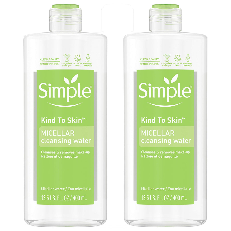 Simple Micellar Cleansing Water bottle close-up showing a gentle, dye-free formula ideal for sensitive skin.