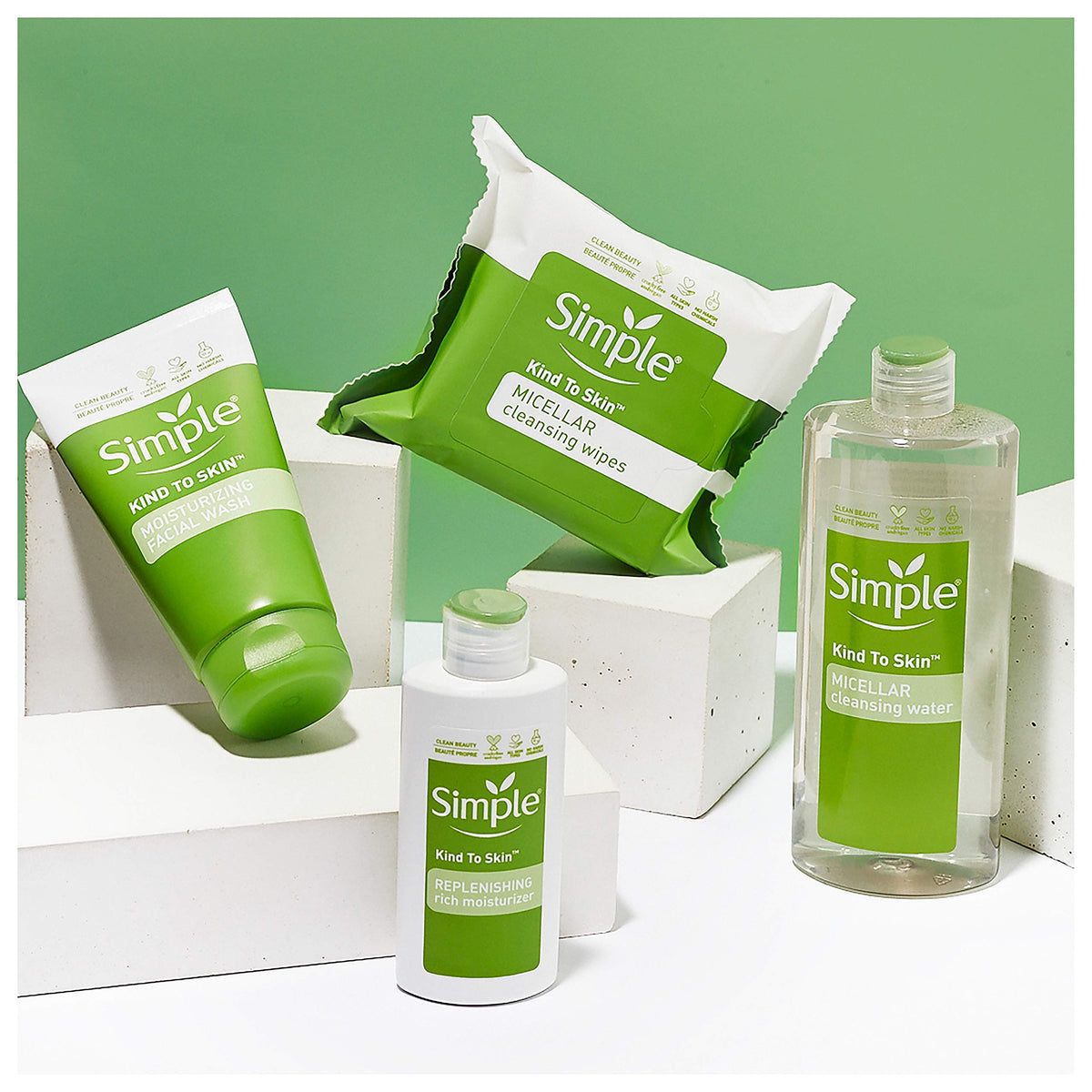 Simple Micellar Cleansing Water no-rinse usage shown for quick cleansing routine.