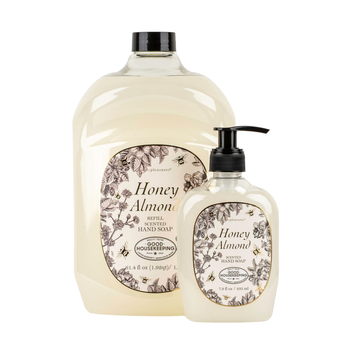 SIMPLE PLEASURES Honey Almond hand soap bottle on a sink with a gentle aroma.