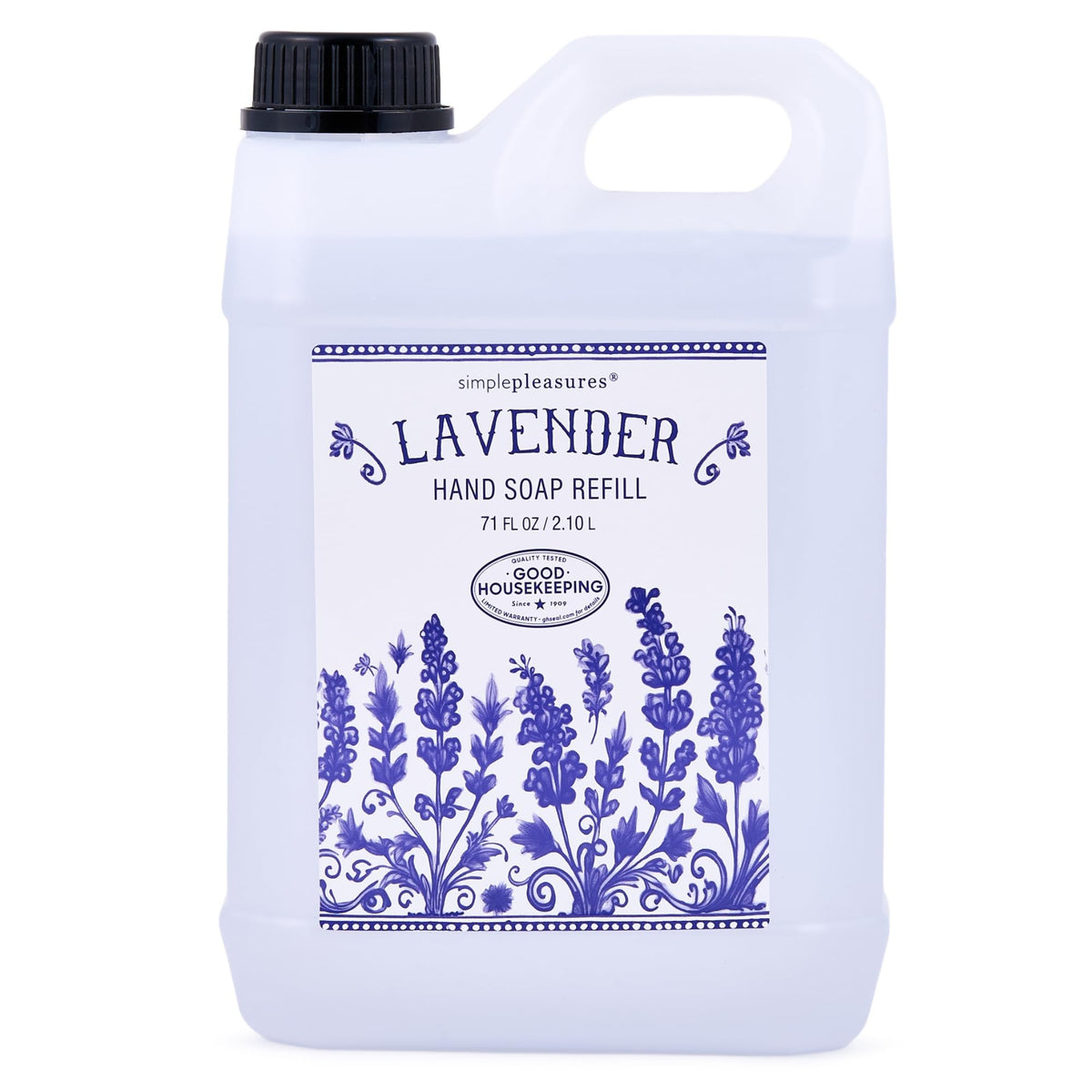 SIMPLE PLEASURES Lavender Fields refill jug shown for eco-friendly waste reduction