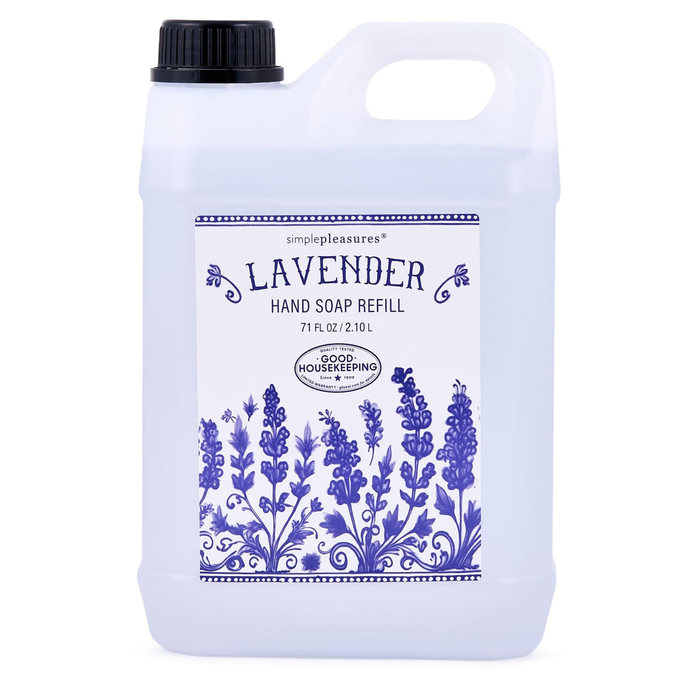 SIMPLE PLEASURES Lavender Fields refill jug shown for eco-friendly waste reduction
