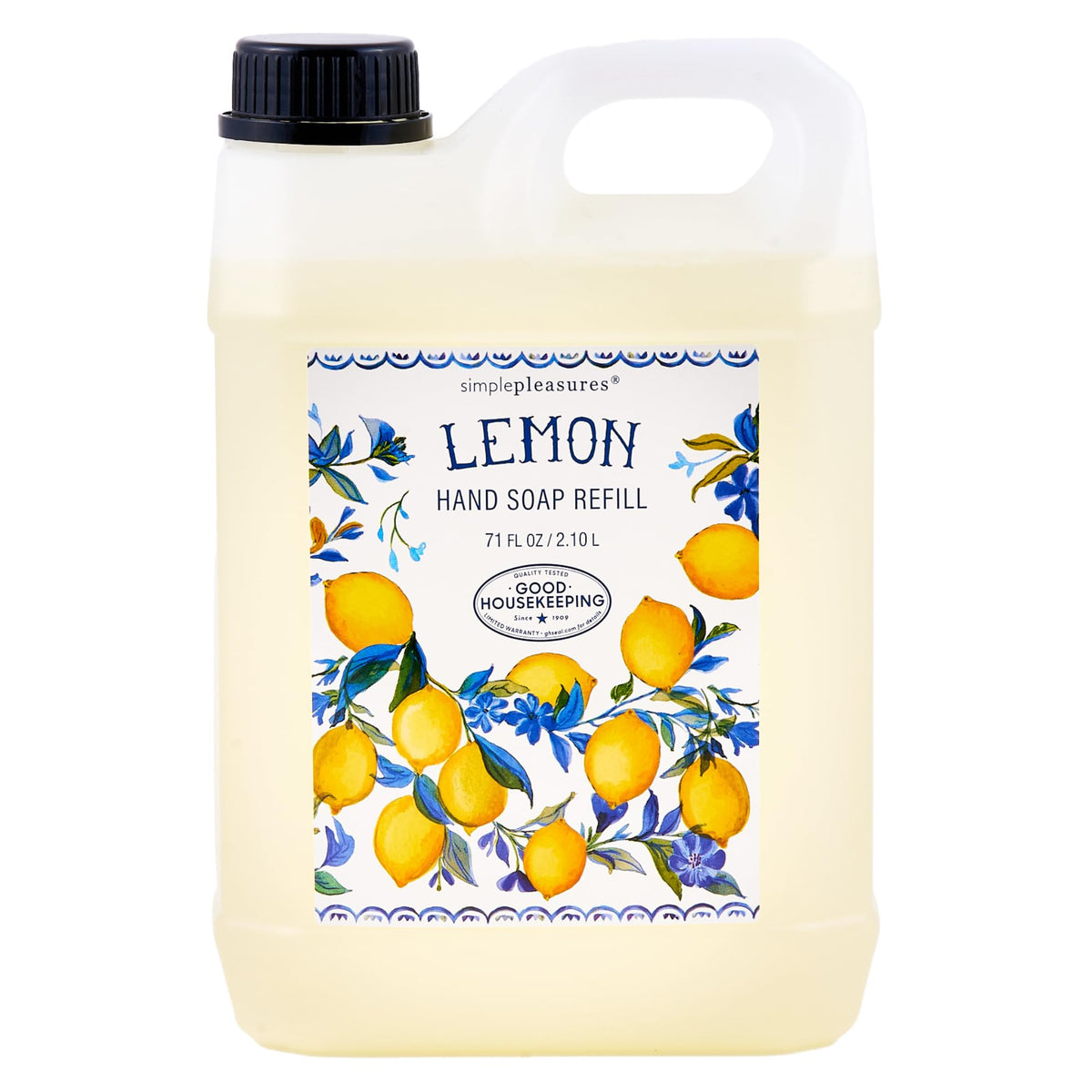 Simple Pleasures Lemon & Blue Bells refill jug label for quick, fresh handwashing.