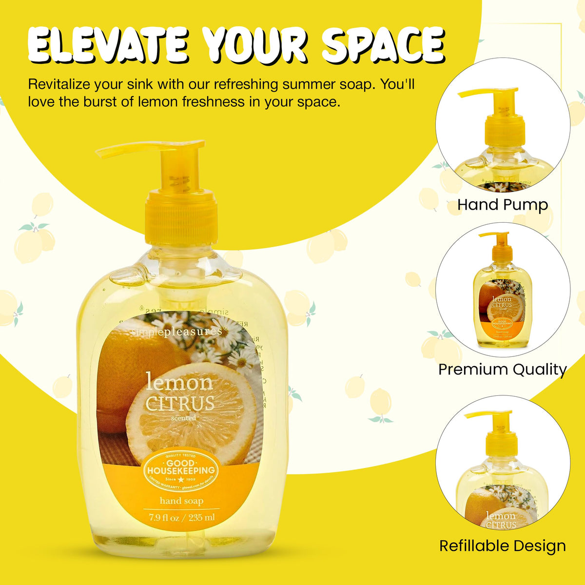 Simple Pleasures Lemon Citrus refill bottle enables ongoing fresh hand washing throughout the day.