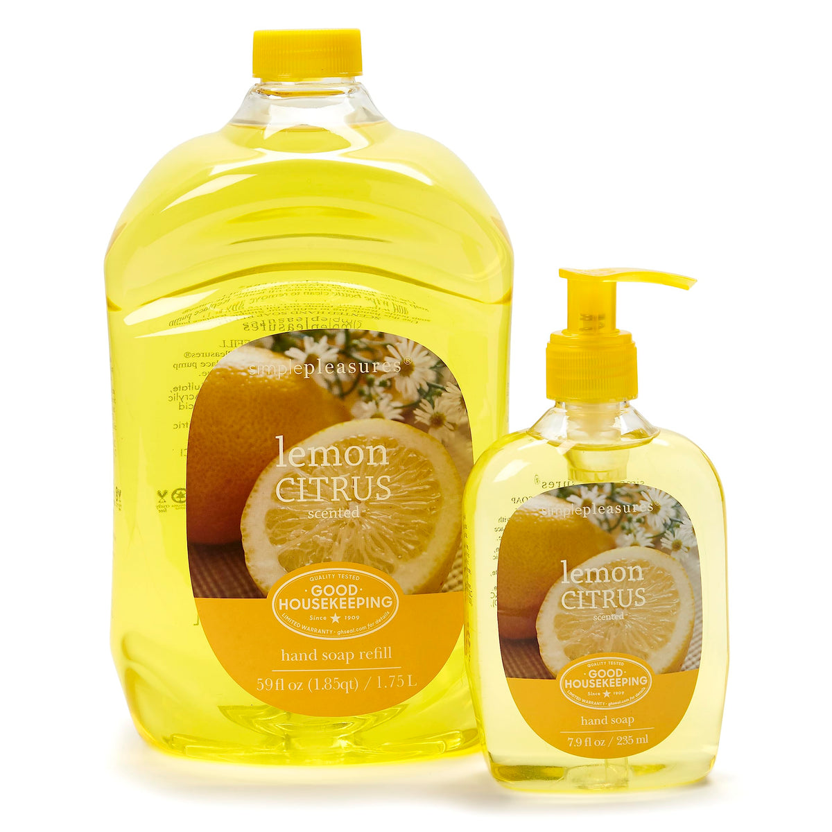 Simple Pleasures Lemon hand soap bottle for refreshed hands and subtle citrus scent.