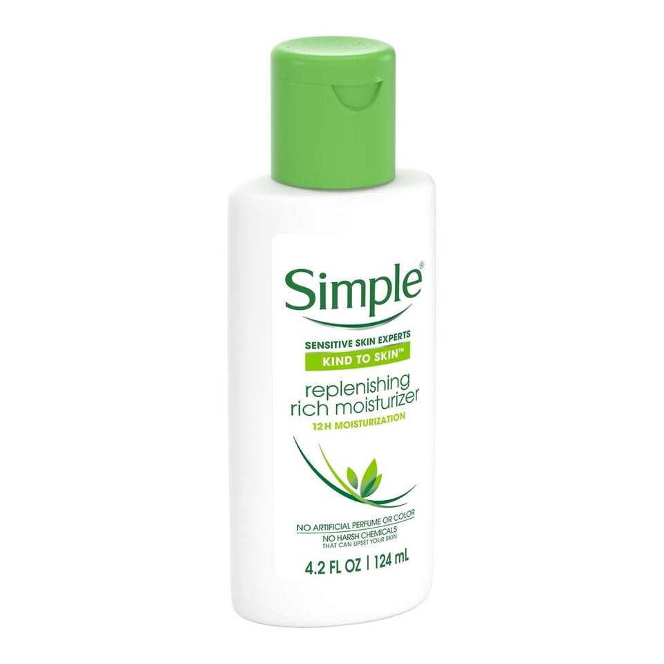 Simple Replenishing Rich Moisturizer bottle close-up showing silky texture for everyday hydration