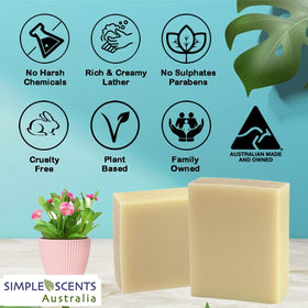 Simple Scents Australia coconut vanilla bar lather demonstrates rich foam with nourishment.