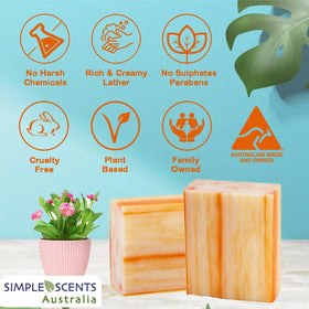 Orange Zest scented soap bar on shelf, releasing a long-lasting fragrance