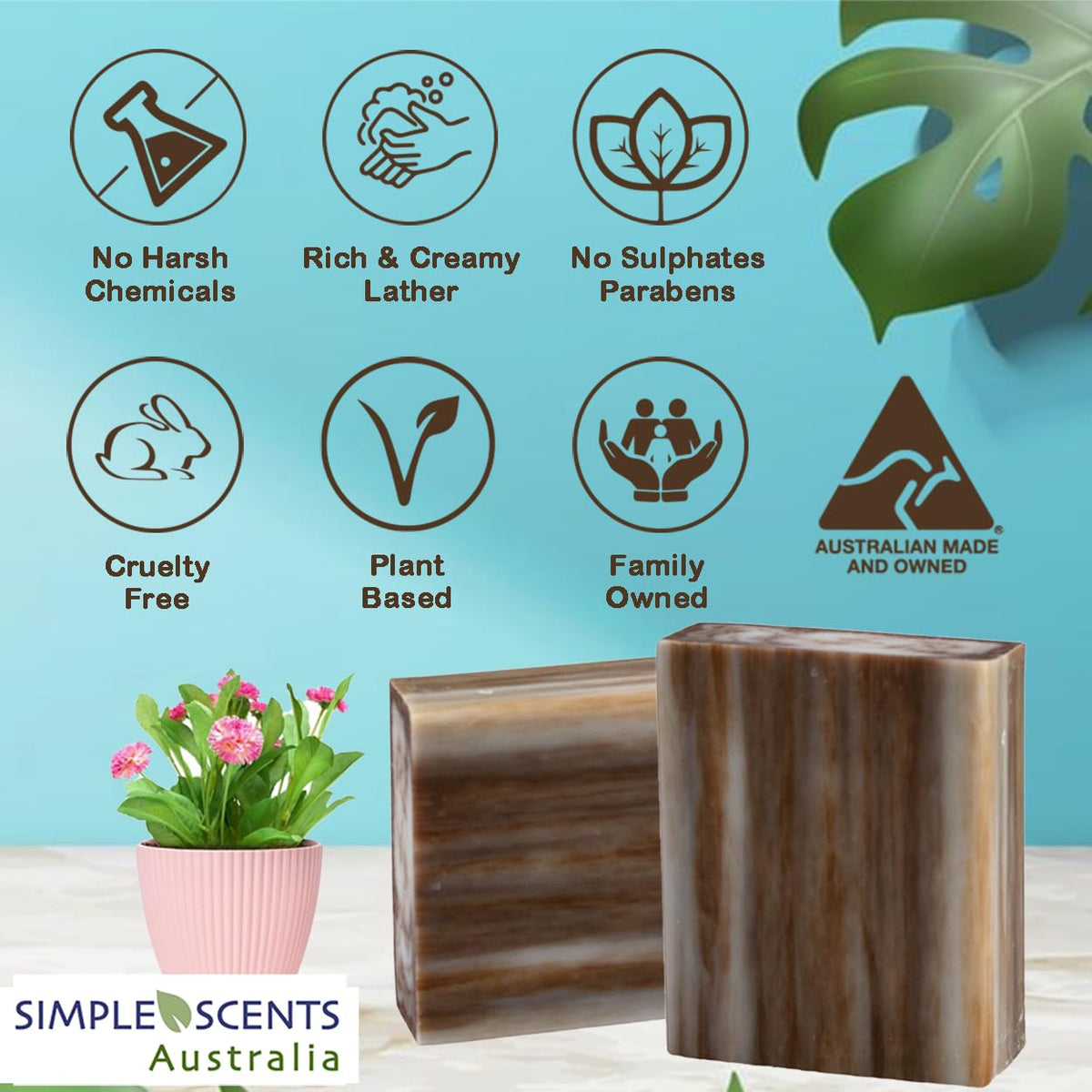Simple Scents Australia sandalwood soap bar shows rich creamy lather