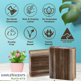 Simple Scents Australia sandalwood soap bar shows rich creamy lather