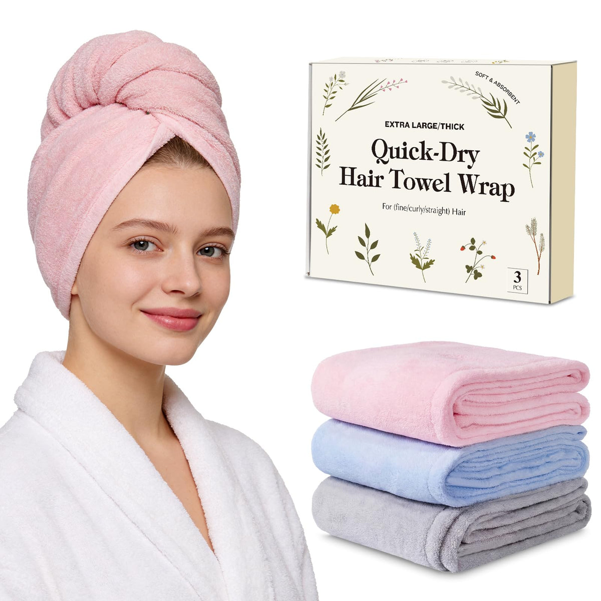 Simple Supplies 3 pack microfiber hair towel wrap in pink for fast drying