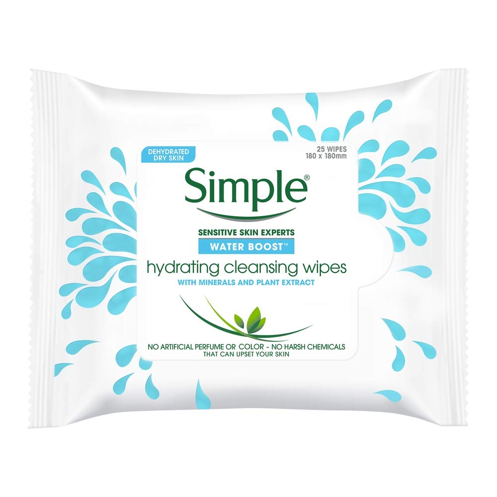 Simple Water Boost Hydrating Cleansing Wipes pack close-up showing a hydrating formula for refreshed skin.