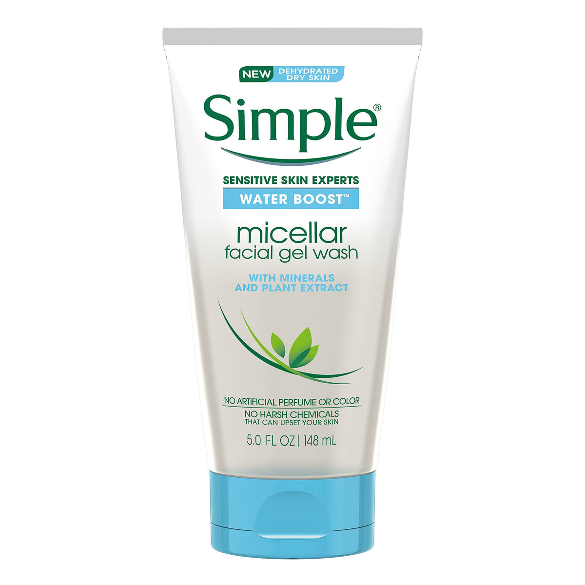 Simple Water Boost bottle closeup showing hydrating facial gel wash.