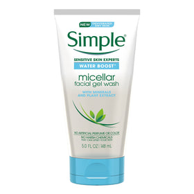 Simple Water Boost bottle closeup showing hydrating facial gel wash.
