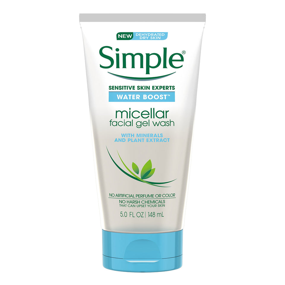 Simple Water Boost bottle closeup showing hydrating facial gel wash.